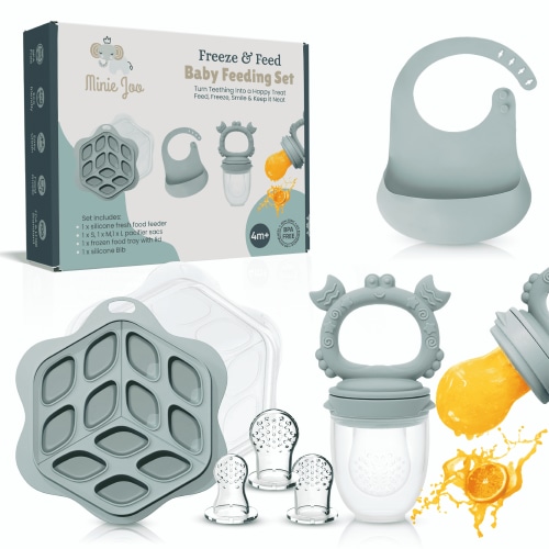 Minie Joo Baby Fruit Feeder, Adjustable Bib, and Breastmilk Popsicle Molds for Teething Relief-3 Pacifier Sizes (Green)