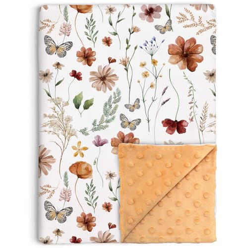 Loyoot Wildflower Baby Blanket for Girls, Boho Flower Toddler Soft Minky Blanket with Double Layer Dotted Backing, Nursery Newborn Baby Receiving Blanket Butterfly Flower Garden, 30"x40"