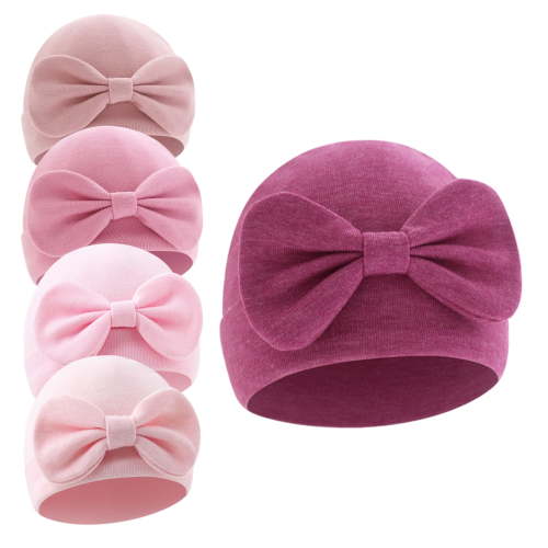 Dalrosia 5PCS Newborn Baby Girl Hats with Bow Cotton Toddler Infant Beanie Cap Newborn Hospital Hats for Baby Girl Kid 0-6 Months