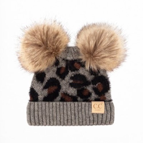 CC Baby Beanie Double Leopard Winter Hats, Light Grey Newborn - 9 Months