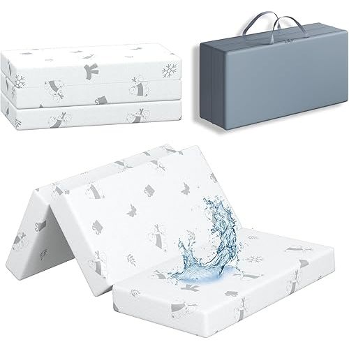 3"x26"x38" Trifold Mattress Topper, Waterproof Breathable Soft Removable Cover, Portable Mattress Pad with Carry Bag for Indoor & Outdoor Use, High Density Medium Firm Foam