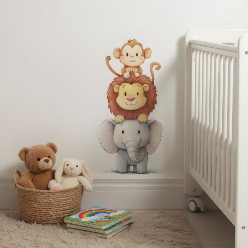 Watercolor Safari Animal Nursery Wall Decal - Elephant Lion Monkey Stacked Jungle Stickers - Gender Neutral Baby Room Decor Peel and Stick