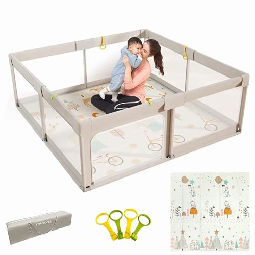 Mloong Baby Playpen with Mat, 59x59 Inches Extra Large Playpen for Babies and Toddlers, Indoor & Outdoor Activity Center, Safety Baby Fence with Gate - 59*59inch Gray with mat