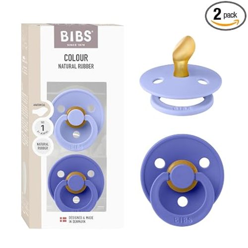 BIBS Colour Anatomical Soother 2-Pack, BPA Free Dummy Pacifier, Orthodontic Nipple. Natural Rubber Latex, Made in Denmark, Size 1 (0-6 Months), Hush/Grape