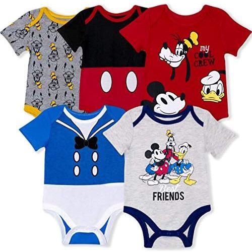 Disney Mickey Mouse, Lion King, and Winnie the Pooh Baby Boys 5 Pack Bodysuits for Newborn and Infants