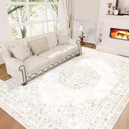 5x7 Area Rugs for Living Room: Washable Vintage Rug Indoor Soft Non-Slip Distressed Floor Carpet for Bedroom Dining Room Nursery Home Office (Beige, 5'x7')