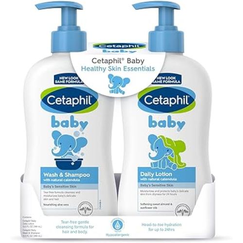 Cetaphil Baby Wash & Shampoo Plus Body Lotion, Healthy Skin Essentials, Head to Toe Hydration for up to 24 Hours, for Delicate, Sensitive Skin, 2-Pack,White