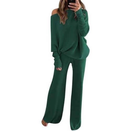 Fixmatti Womens Knitted Outfits 2 Pieces Sweatsuit High Neck Sweater Wide Leg Pant Set