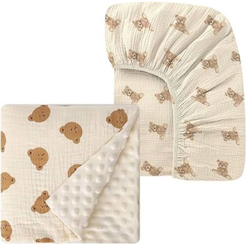 52x28 Inches Muslin Crib Sheets Fitted Crib Mattress Sheet for Baby Girls & Boys, Fluffy-Backed Baby Swaddle Blankets Double Layer