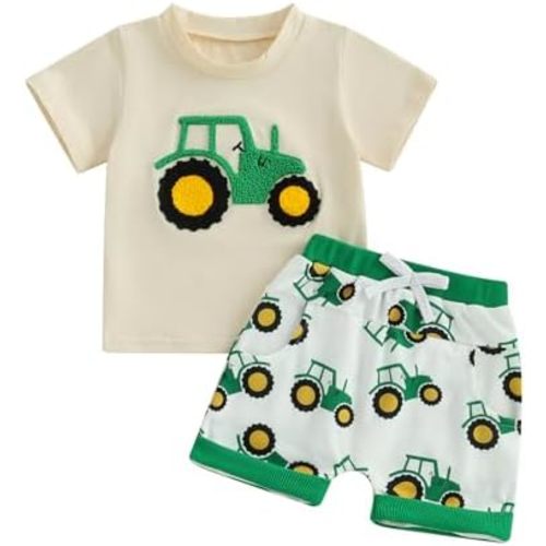 Engofs Toddler Baby Boy Clothes Summer Outfit Short Sleeve Tractor Letter Print T Shirt Shorts Set