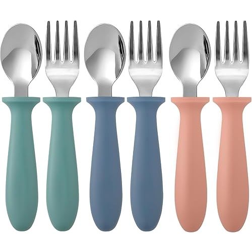 Pimoys 6 Pieces Toddler Utensils, Kids Silverware Set with Plastic Handle Stainless Steel Children Forks and Spoons, Dishwasher Safe