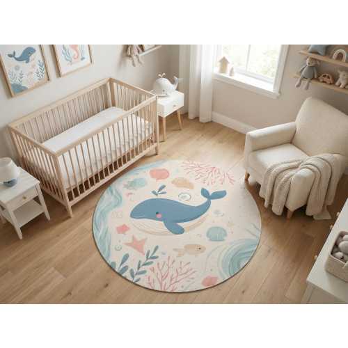 Whale Kids Rug, Ocean Nursery Carpet, Non-Slip Playroom Mat