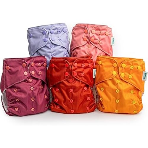 Kinder Cloth Diapers Set of 5 Reusable Baby Diapers Pocket Style Athletic Wicking Jersey, Newborn to Potty 7-60lbs, One Size, Inserts NOT Included (Serene Sunrise)
