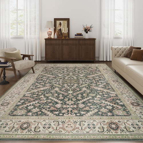 SIXHOME 5'x7' Area Rugs for Living Room Washable Rugs Carpet Vintage Traditional Rugs for Bedroom Dinning Room Office Soft Non Slip Large Area Rug Retro Home Decor Green