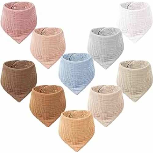Konssy Muslin Baby Bibs 10 Pack Baby Bandana Drool Bibs 100% Cotton for Unisex Boys Girls,10 Solid Colors Set for Teething Drooling