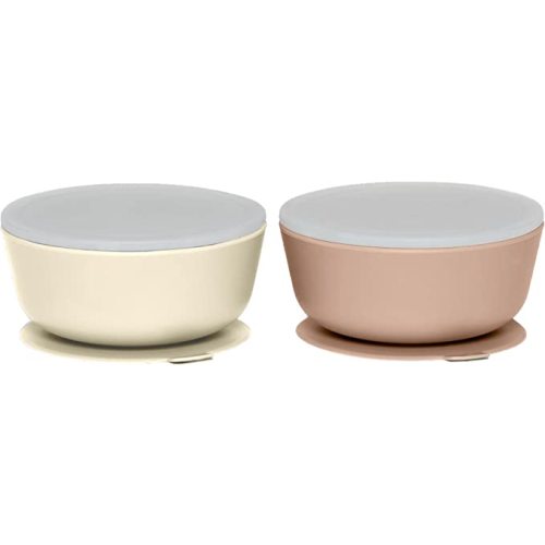 WeeSprout Silicone Suction Bowls for Babies | Leakproof Premium Plastic Lids | Durable for Babies & Toddlers | Extra Strong Suction | Easy-Release Tab | Dishwasher, Microwave & Freezer Safe | Set of 2 - Muted Tan + Muted Off White