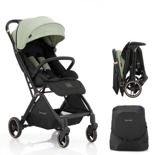 Gravity Folding Baby Stroller - Portable Travel Toddler Stroller w/Adjustable Backrest & Canopy, Cup Holder, Lightweight and UV Protected, One-Hand Automatic Folding - Green