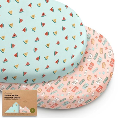 2-Pack Organic Bassinet Sheets for Girls, Boys - 100% Cotton Bassinet Mattress Sheets Compatible with Halo Bassinest Swivel Sleeper, Graco,Baby Delight,Chicco,Unisex Fitted Bassinet Sheets (Beach Day)