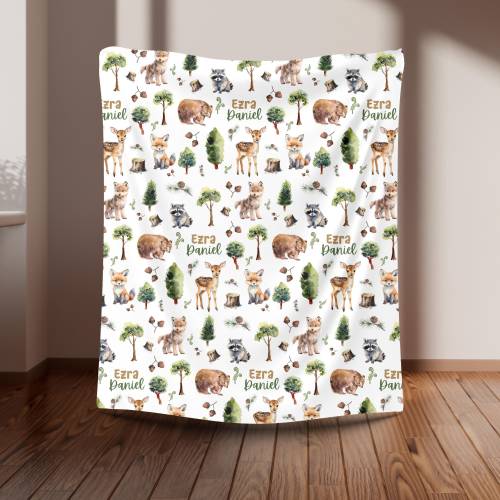 Personalized Forest Animal Blanket, Baby Name Minky Woodland Animal Hunting Baby Shower Gift Toddler Birthday Newborn Boy Bear Fox Deer