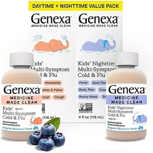 Genexa Kids' Daytime + Nighttime Multi-Symptom Cold & Flu Children's Liquid Pain, Fever and Cough Medicine for Kids 4-11 | Delicious Organic Blueberry Flavor | 8 Fluid Ounces | 2 Pack