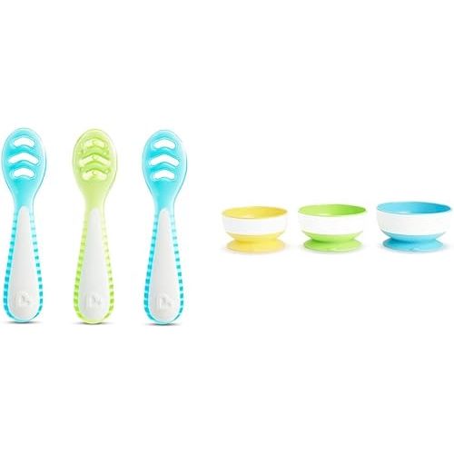 Munchkin Gentle Dip Multistage First Spoon Set for Baby Led Weaning, Self Feeding, Solids & Purees, 3 Pack and Stay Put Suction Bowls for Babies and Toddlers, 3 Pack