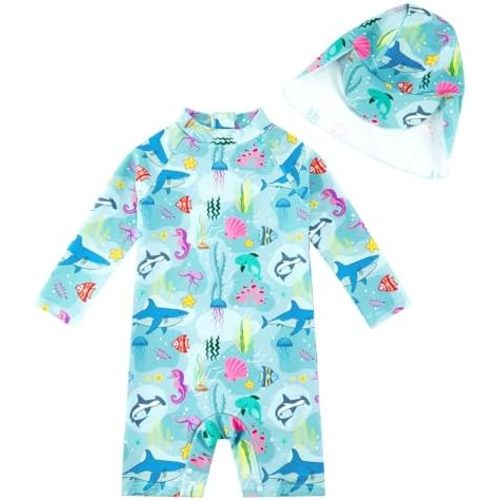 upandfast Baby/Toddler Swimsuit UPF 50+ Sun Protection One Piece Zipper Bathing Suit with Sun Hat Infant Beach Swimwear
