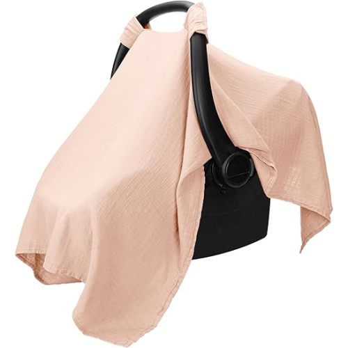 Comfy Cubs Baby Car Seat Cover - Soft, Breathable Bamboo Rayon and Muslin Cotton Blend - Lightweight Canopy for Sun, Bug, and Comfort Protection - Large Size Infant Seat Cover in Blush Design