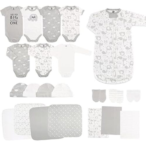 The Peanutshell Baby Layette Gift Set for Baby Boys or Girls - 23 Piece New Born Unisex Gift Set, Clothes & Newborn Essentials Must Haves - Clothes 0-3 Months - Soft Grey