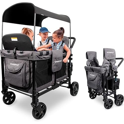 WONDERFOLD W4 Original Stroller Wagon (4 Seater) - Collapsible Wagon Stroller with Seats with 5-Point Harnesses, Easy Access Zipper Door, and Removable Sun Canopy, Gray