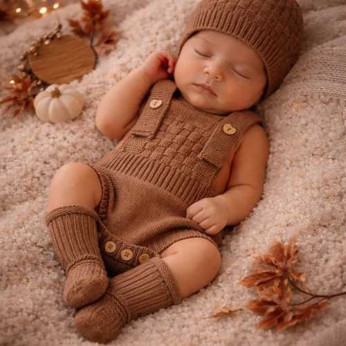 Newborn Knit Romper Set with Hat & Socks – Baby Photo Outfit