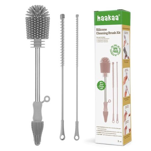 haakaa Silicone Cleaning Brush Kit - SUVA Grey - Bottle Brush for Breast Pumps, Breast Milk Collector, Baby Bottles, Nipples, Breastmilk Storage Bags