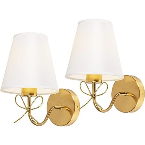 Antique Brass Wall Sconces Set of Two, Bow Sconces Decor Gold Wall Lights Brass Brushed Gold Sconce with Fabric Shade, E26 110V Hardwired Wall Lamps Indoor for Bedroom, Living Room, Doorway