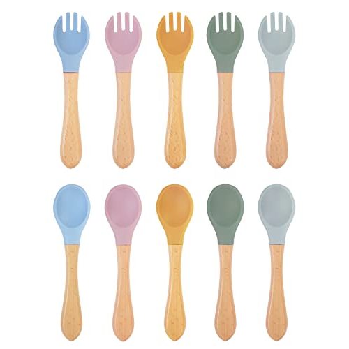 10 pcs Baby Spoons and Forks, First Stage Baby Led Weaning Spoons, Chewable Baby Utensils for Self-Feeding, Bamboo and Silicone Baby Utensils, Kids Utensils for Over 6 Months Babies