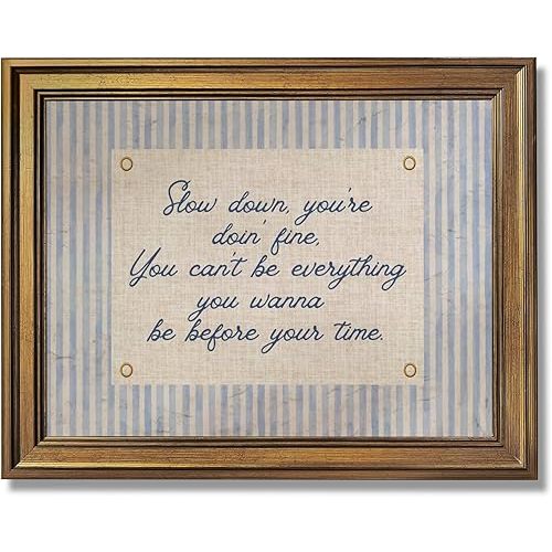 Vintage Gold Framed Wall Art Slow Down You're Doing Fine Music Poster Uplifting Positive Quote Stripe Motivational Painting Retro Song Lyric Canvas Print Daily Reminder Home Decor 12x16inch