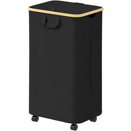 SpaceAid Laundry Hamper with Wheels and Lid, 26 Gal (100L) Rolling Clothes Basket with Bamboo Handle, Large Laundry Hamper for Bedroom, Bathroom, Dorm, Laundry Room - Black