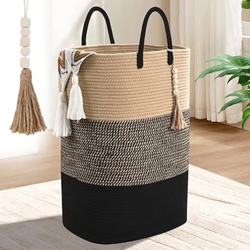 Woven Laundry Basket for Clothes, 100 L Large Rectangle Laundry Hampers, Nursery Storage Basket for Toys, Tall Dirty Clothes Hamper for Bedroom Aesthetic, Bathroom, Laundry Room