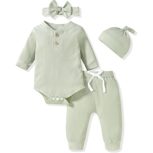Aalizzwell Gender Neutral Long Sleeve Baby Ribbed Outfit with Hat & Headband