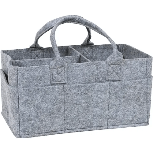 Sammy & Lou Collapsible Light Gray Felt Storage Caddy, Divided Design To Keep Diapers, Wipes And Changing Items Organized, Two Handles, 12 in x 6 in x 8 in