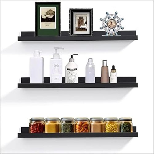 Floating Picture Ledge Shelves for Wall Set of 3, 24 Inch Wall Shelves with Lip Long Large Nursery Book Shelf for Toys Storage Kids Bookshelf Wall Mounted Living Room Bedroom Decor Frames(Black)