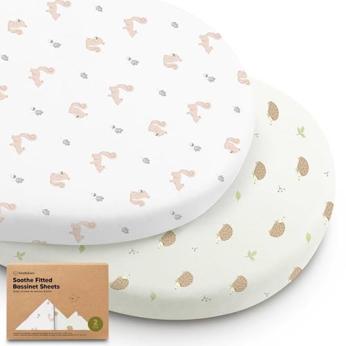 2-Pack Organic Bassinet Sheets for Girls, Boys -100% Cotton Bassinet Mattress Sheets Compatible with Halo Bassinest Swivel Sleeper,Graco,Baby Delight,Chicco,Unisex Fitted Bassinet Sheets(Nibble/Bruce)