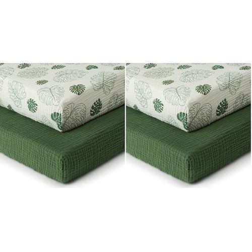 Blissful Diary Muslin Crib Sheets for Girl Boy, Boho Neutral Soft Cotton Baby Sheet for 52''x28'' Standard Crib Mattress, 4 Pack(Monstera&Dark Green)