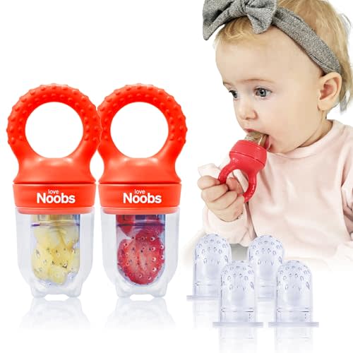 Baby Fruit Feeder by Lovenoobs™, Frozen Teething Toys for Babies, 2 Pack, Fruit Pacifier with 6 Teats, BPA/BPS Free, Mesh Teether, Food-Grade Silicone, Baby Feeding Essentials, Red