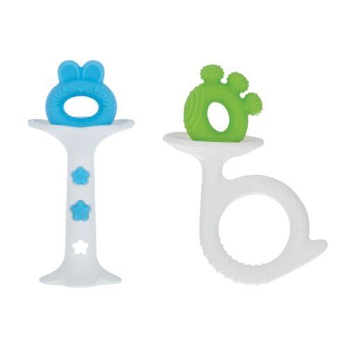 Nuby Silicone Fun Teethers - (2-Pack) Baby Teething Toy - Bunny and Tuba Shapes - 3+ Months - Blue and Green