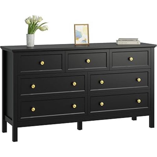 CARPETNAL Black Dresser for Bedroom, 7 Drawer Dresser with Wide Drawers and Gold Metal Handles, 55" Black and Gold Dresser TV Stand, Modern Dressers & Chests of Drawers for Hallyway, Entryway.