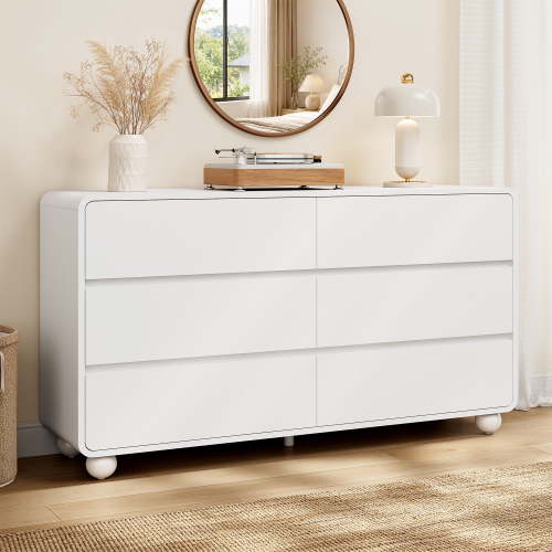 Aufeile Dresser for Bedroom, 6 Drawer Dresser & Chest of Drawers, 53" Modern Chest of Drawers with Curved Profile Design, Wood Dresser Storage Organizer for Adults, White