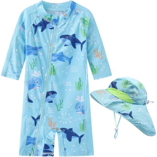 Baby Boy Swimsuit Rash Guard Toddler Sun Protection Swimwear Infant One Piece Bathing Suit with Sun Hat