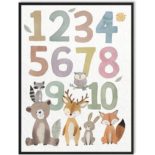 Numbers Poster Nursery Wall Art:Safari Animal Pictures Nursery Decor for Classroom,12"x16"Kids Playroom Wall Art Prints Framed Learning Wall Posters for Toddlers Children's Room Decorations