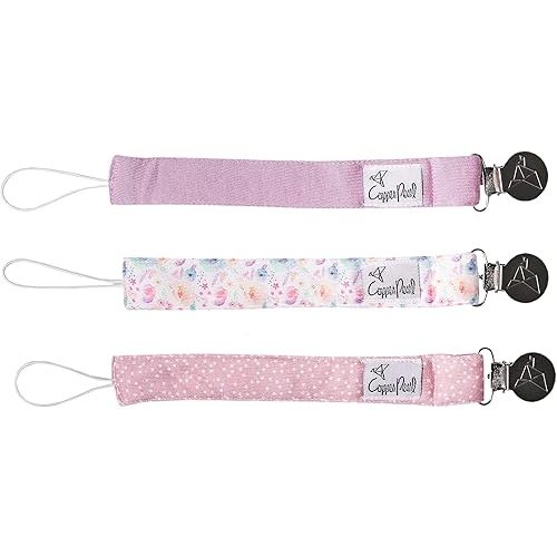 Copper Pearl Premium Knit Pacifier Clips 3-Pack: Stylish Stainless Steel Holders for Baby Girls and Boys - Prevents Floor Drops - Bloom Design