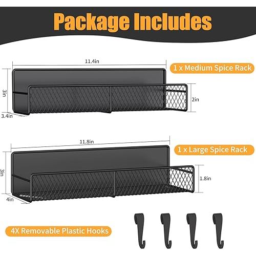 Magnetic Spice Rack for Refrigerator, 2 Pack Metal Magnetic Shelf Black, Moveable Spice Organizer with Hooks, Super Magnetic Fridge Shelf for Kitchen Organization and Storage