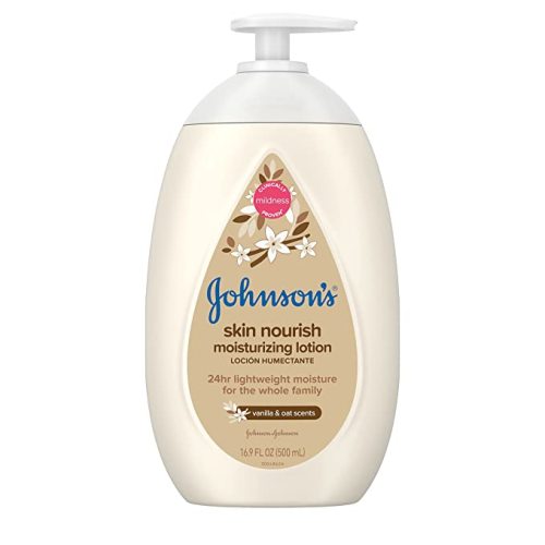 Johnson's Skin Nourish Moisturizing Baby Lotion for Dry Skin with Vanilla & Oat Scents, Gentle & Lightweight Body Lotion for The Whole Family, Hypoallergenic, Dye-Free, 16.9 fl. oz - 16.9 Fl Oz (Pack of 1)
